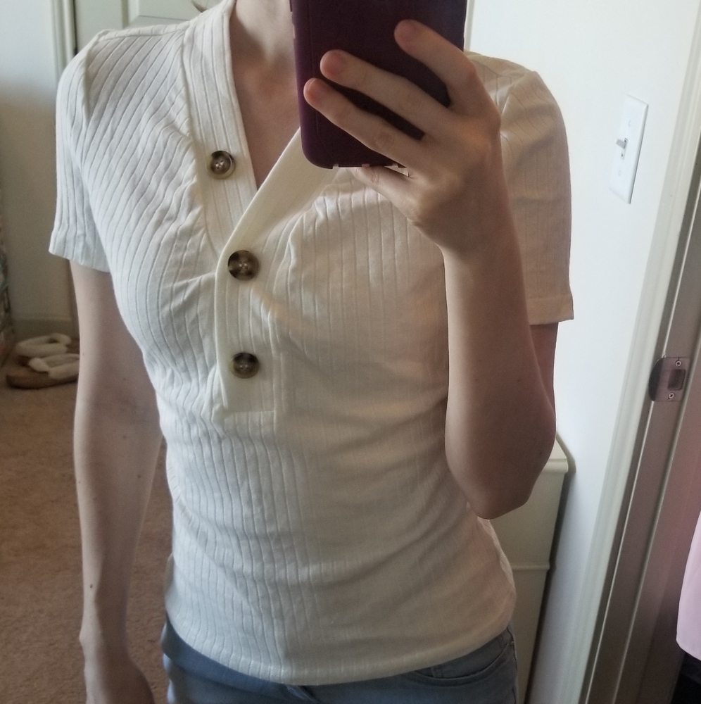 Shein White Button up Ribbed Short Sleeve Shirt